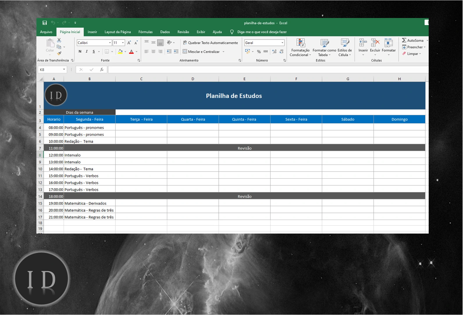 Planilha de Estudos e Organização de Tempo em Excel