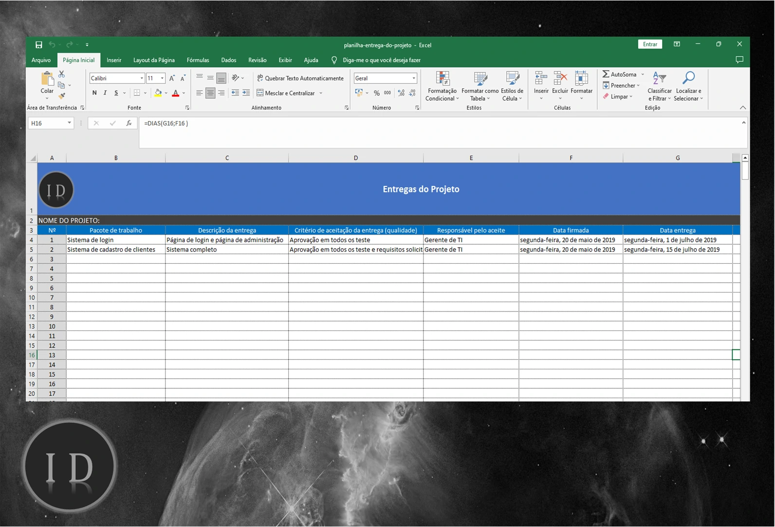 Planilha Controle de Entrega do Projeto  Excel