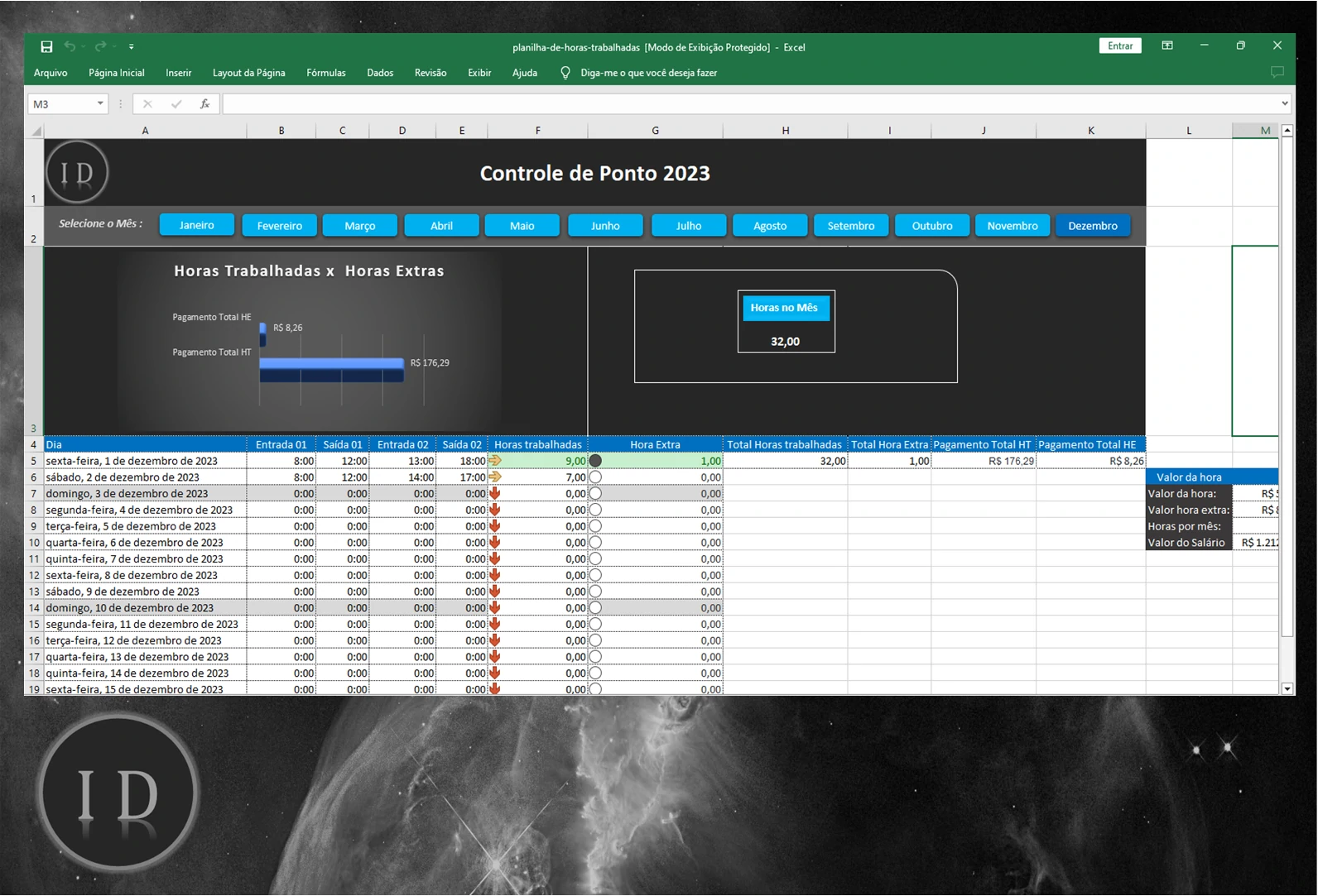 Planilha de Horas Trabalhadas e Cálculo de Extras