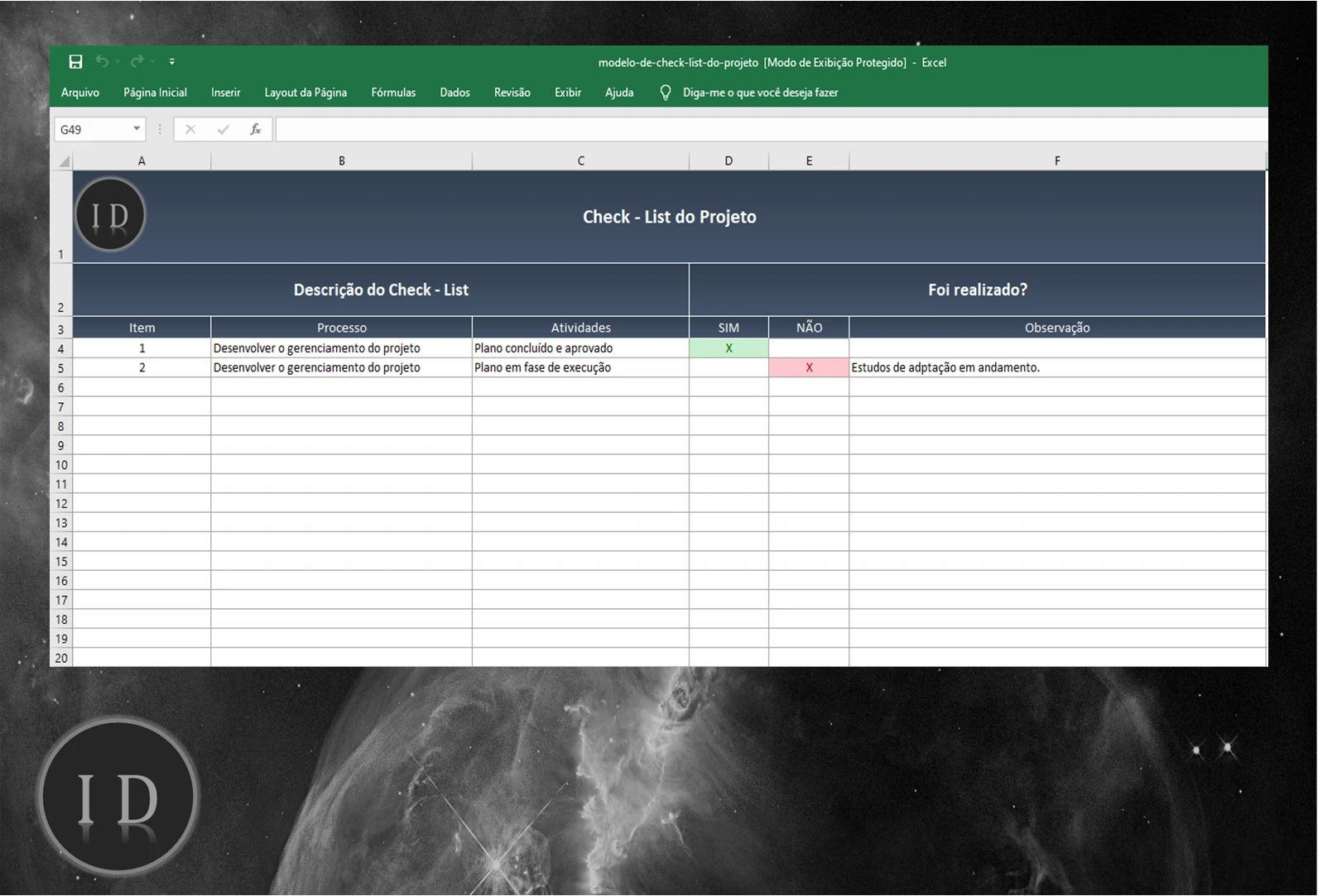 Planilha CheckList do Projeto  Controle Tarefas