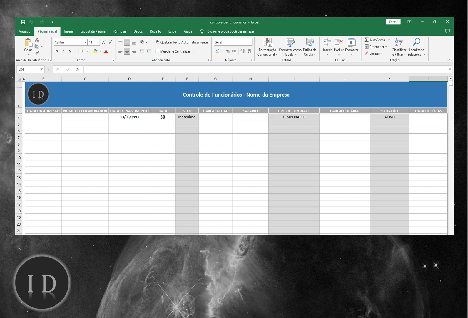 Planilha Controle de Funcionários  Base de Dados RH