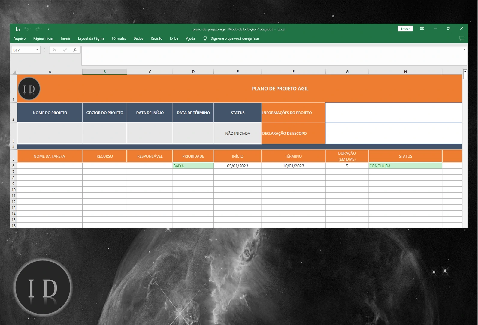 Planilha Plano do Projeto Ágil  Controle Visual