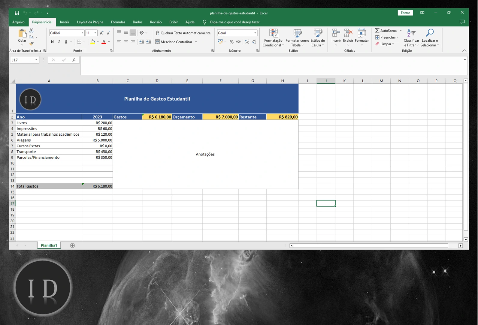 Planilha de Gastos Estudantis e Gestão Financeira