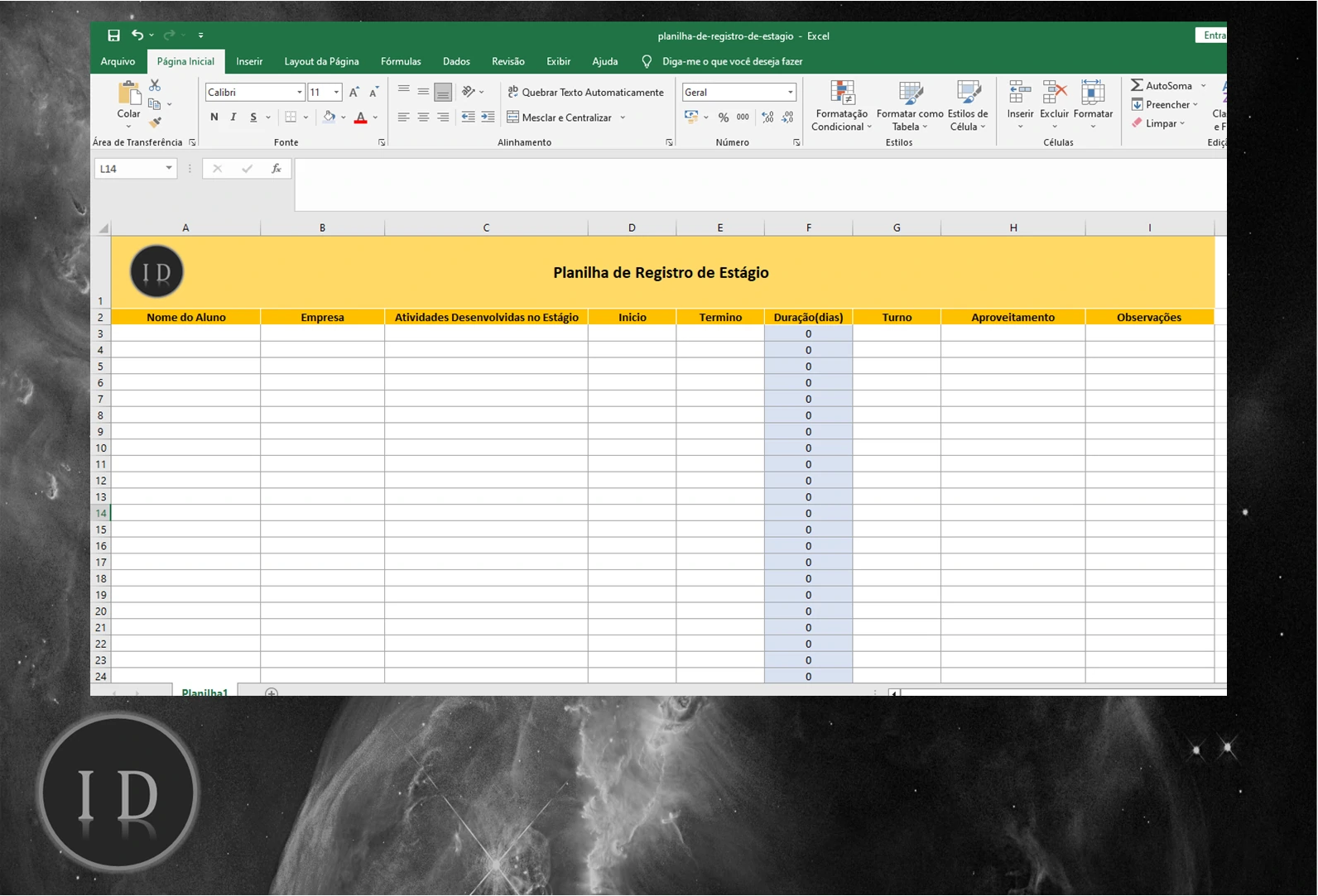 Planilha de Registro de Estágio  Controle de Tarefas