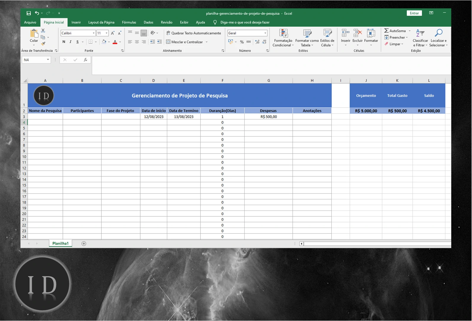 Planilha Gerenciamento de Projeto de Pesquisa
