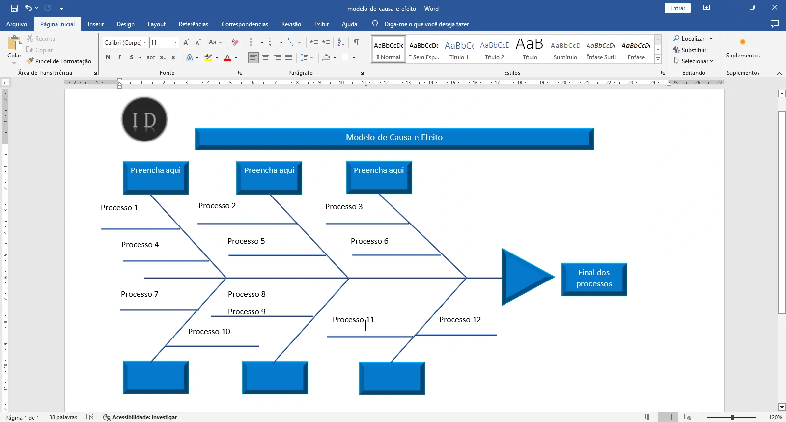 Diagrama de Causa e Efeito (Espinha de Peixe)  Excel