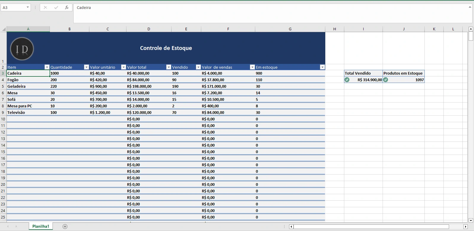 Planilha Controle de Estoque Completa em Excel
