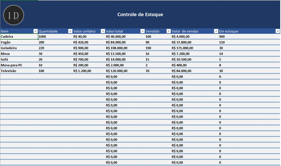 Planilha Controle de Estoque Completa em Excel