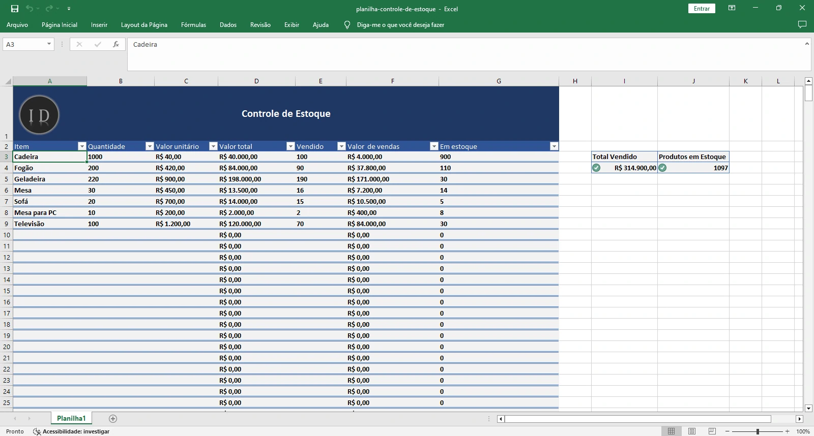 Planilha Controle de Estoque Completa em Excel