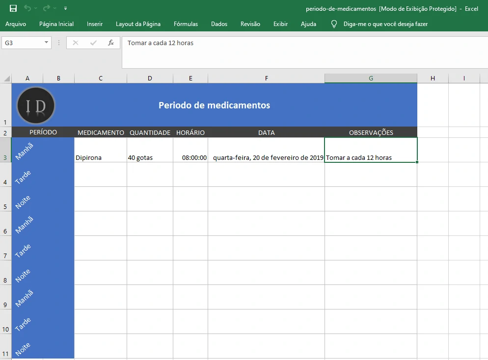 Planilha Controle de Medicamentos, Horários e Doses