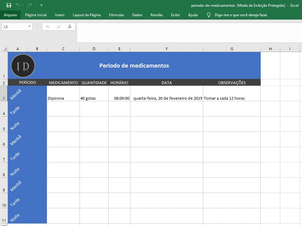 Planilha Controle de Medicamentos, Horários e Doses