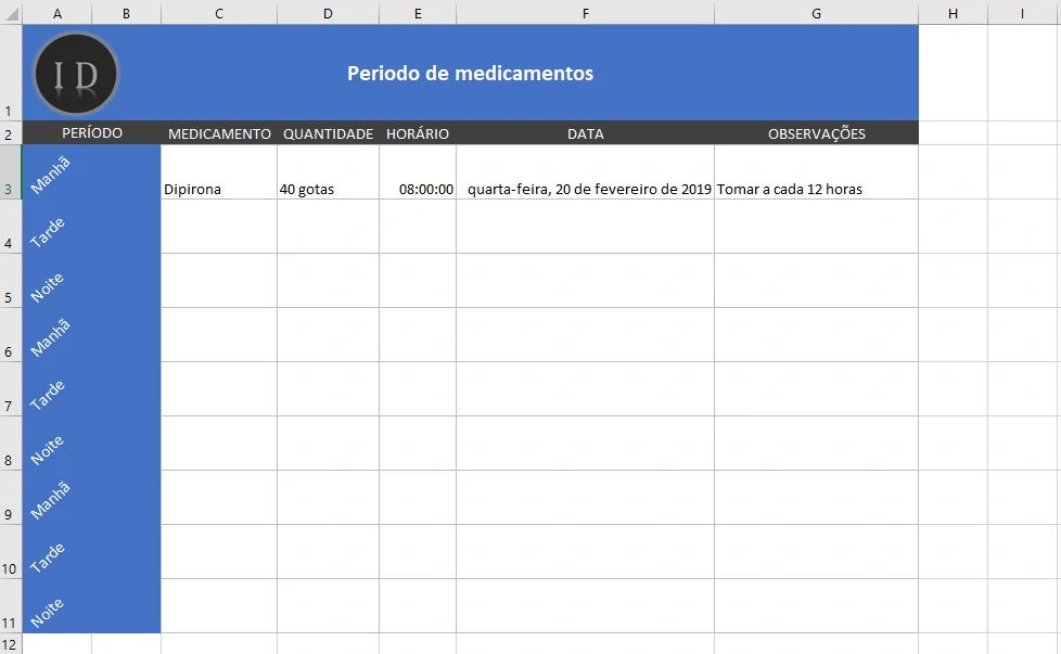 Planilha Controle de Medicamentos, Horários e Doses