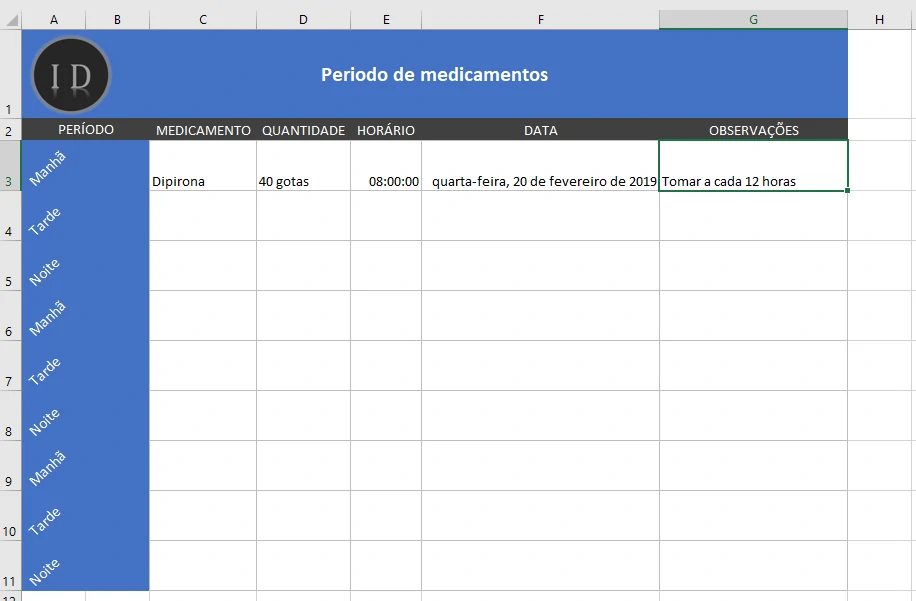 Planilha Controle de Medicamentos, Horários e Doses