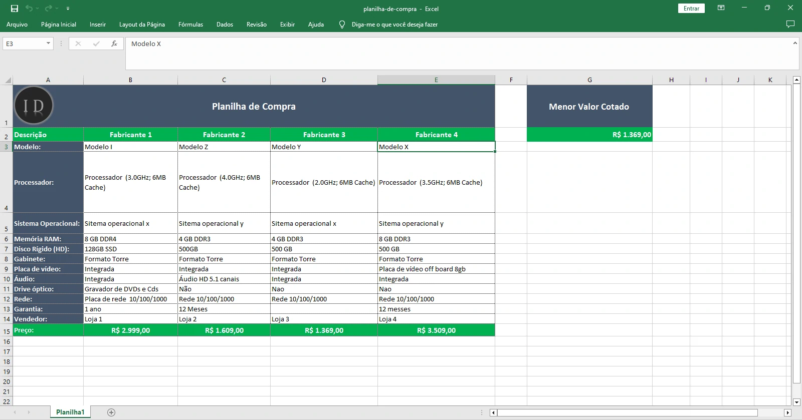 Planilha de Compras e Comparação de Preços  Excel