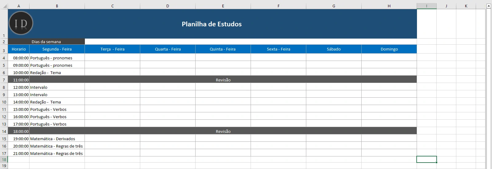 Planilha de Estudos e Organização de Tempo em Excel