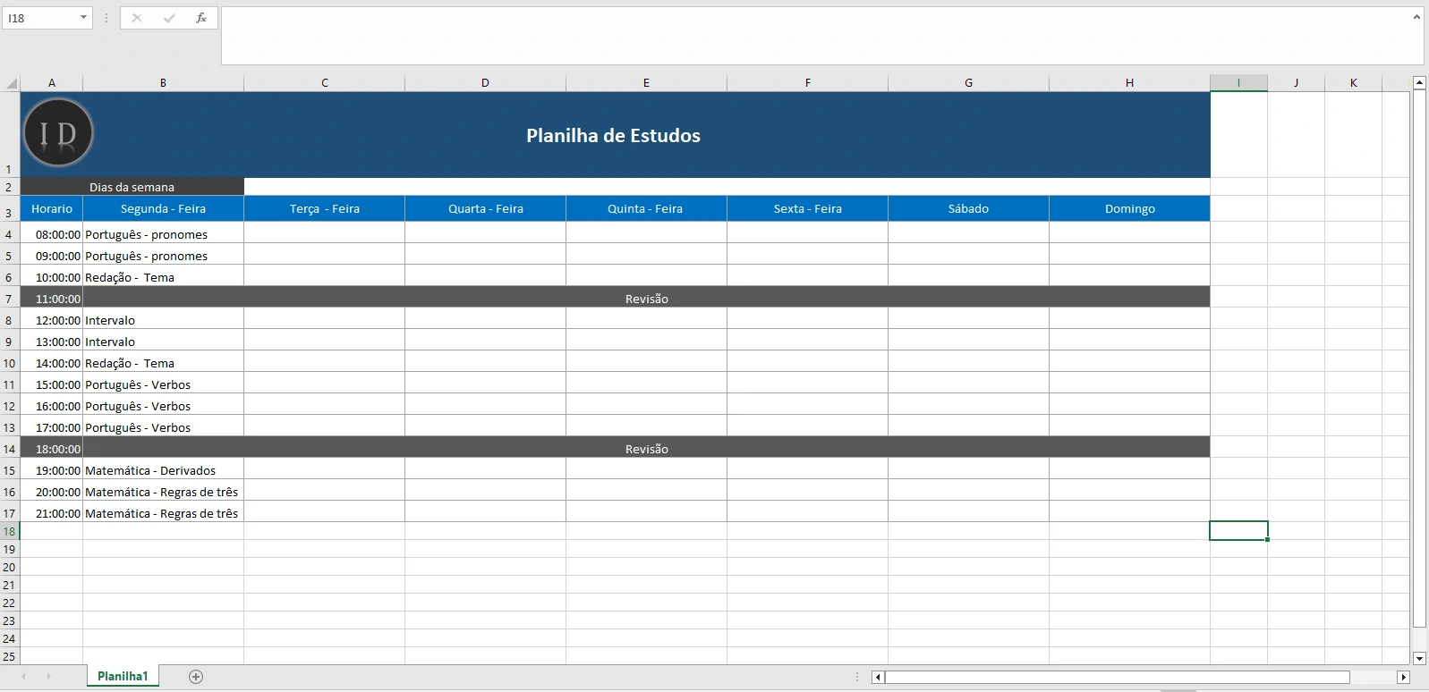 Planilha de Estudos e Organização de Tempo em Excel