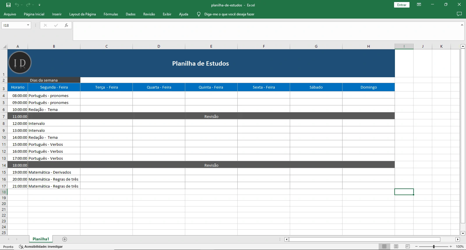 Planilha de Estudos e Organização de Tempo em Excel