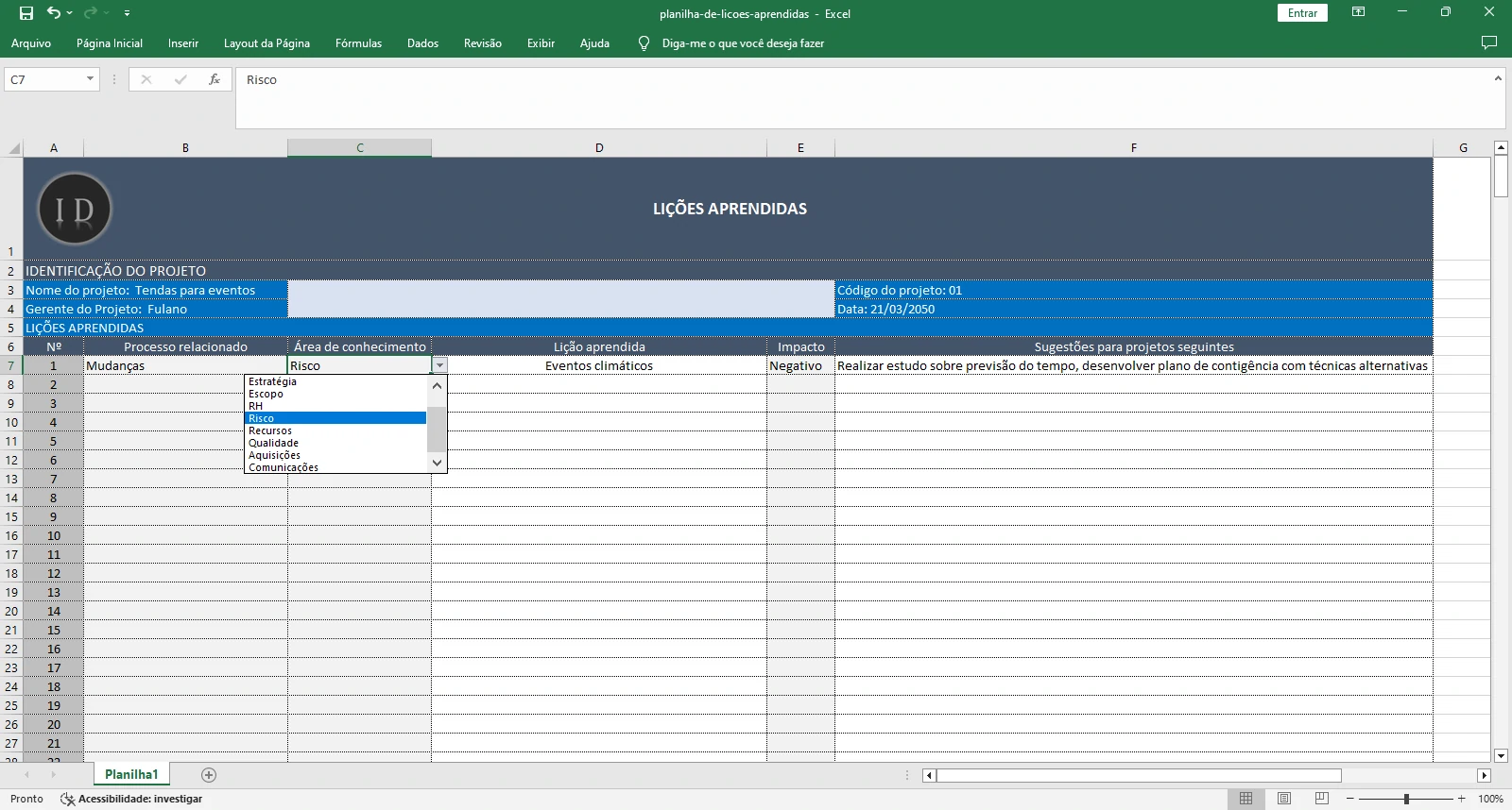 Planilha Lições Aprendidas (Registro de Projetos)