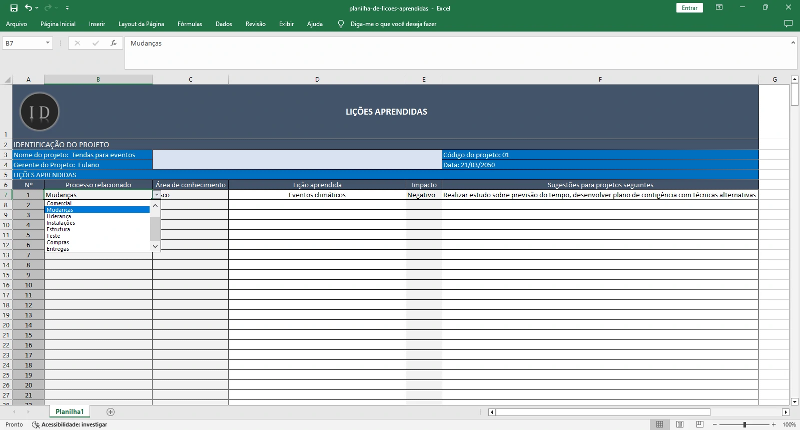 Planilha Lições Aprendidas (Registro de Projetos)