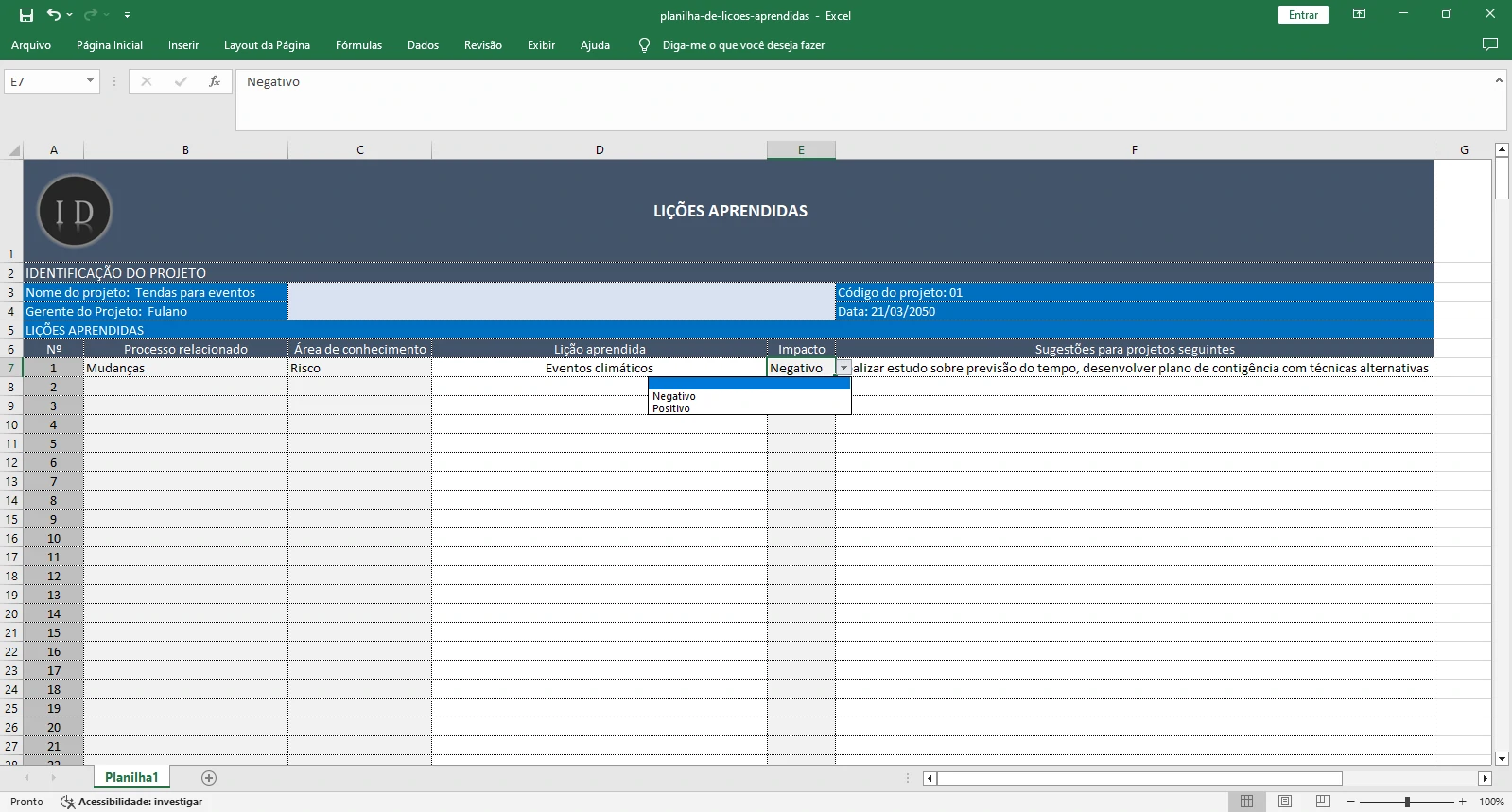 Planilha Lições Aprendidas (Registro de Projetos)