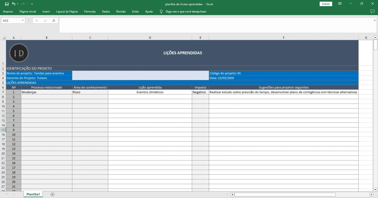 Planilha Lições Aprendidas (Registro de Projetos)