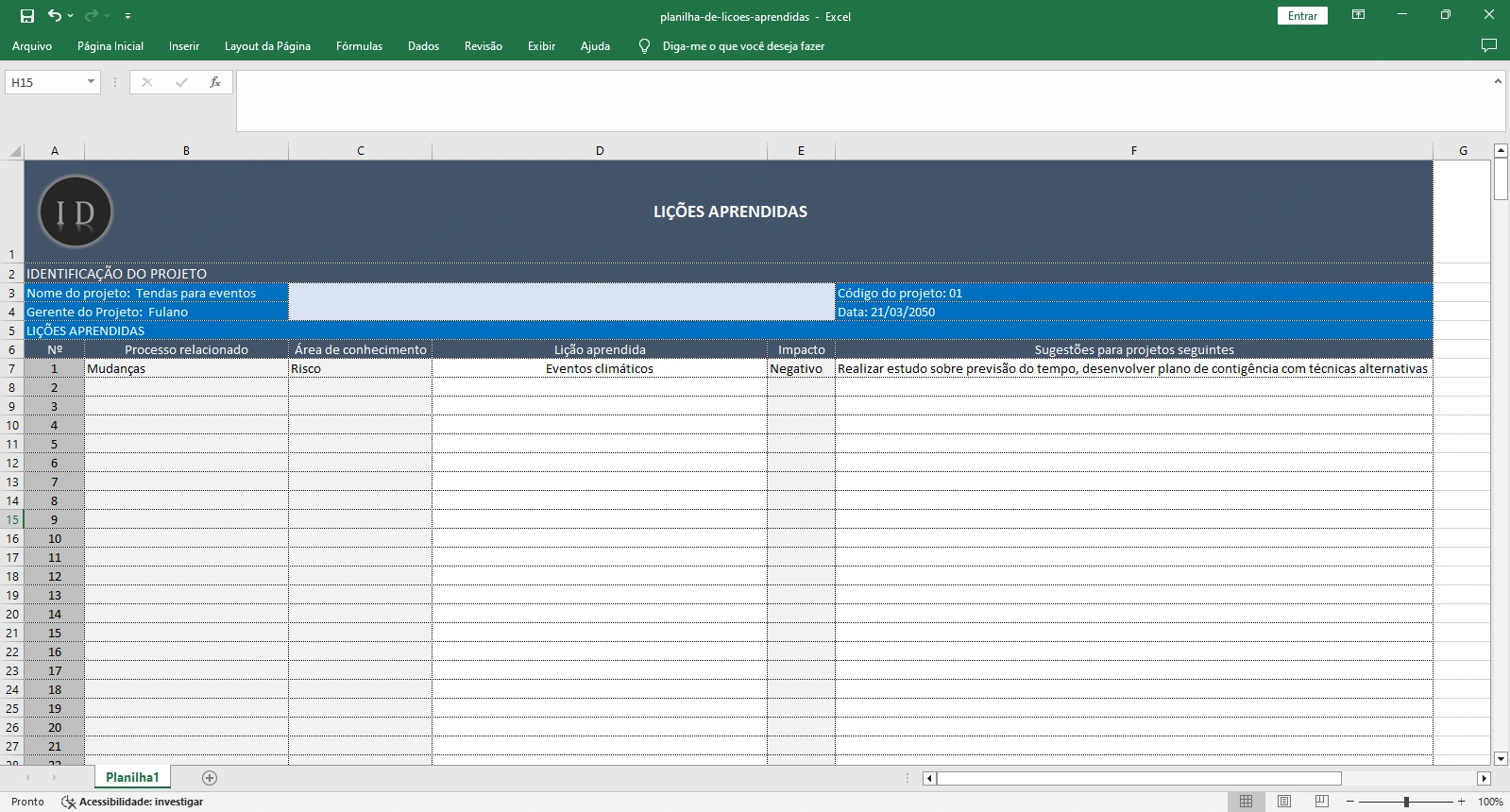 Planilha Lições Aprendidas (Registro de Projetos)
