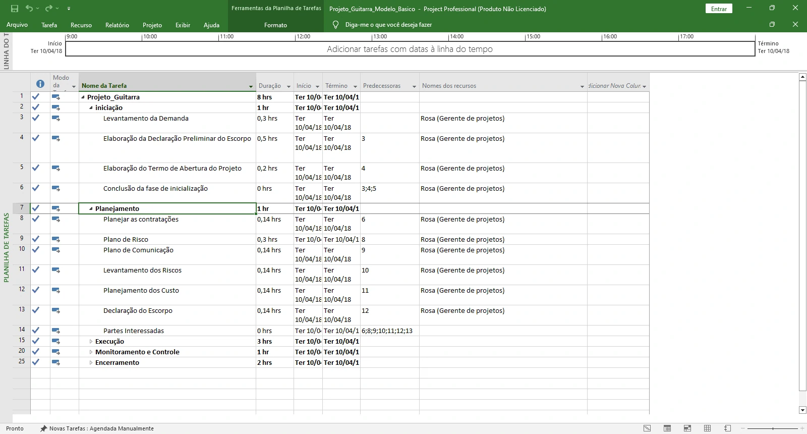 Modelo Básico MS Project  Planejamento Tarefas