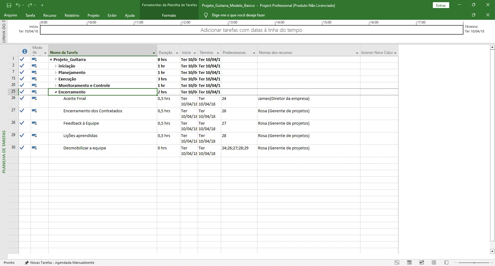 Modelo Básico MS Project  Planejamento Tarefas