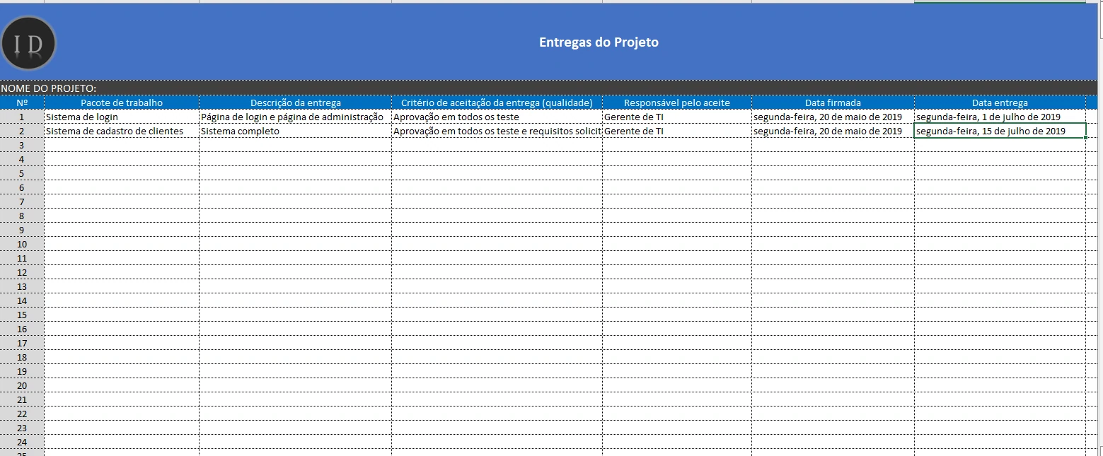 Planilha Controle de Entrega do Projeto  Excel