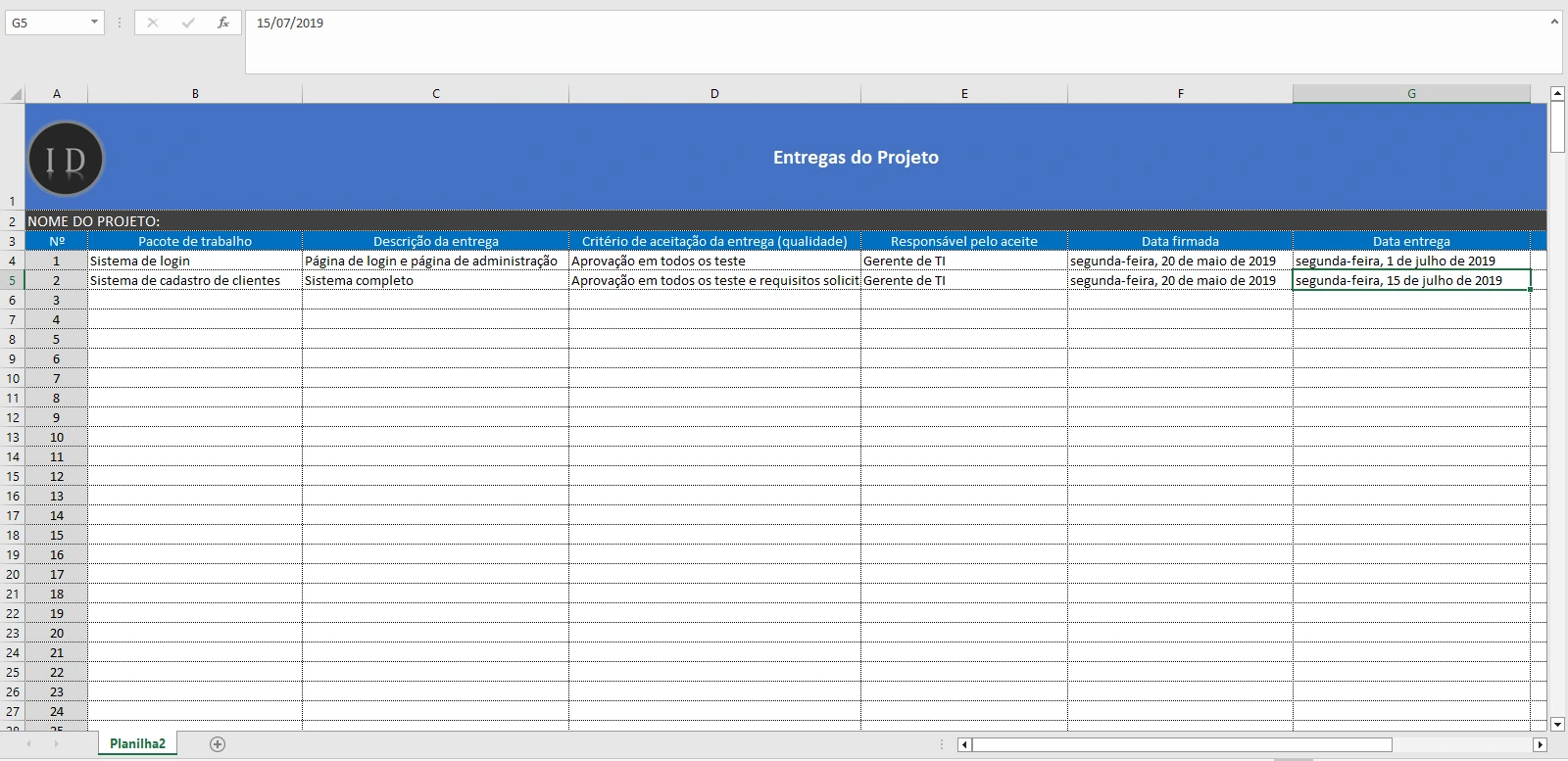 Planilha Controle de Entrega do Projeto  Excel