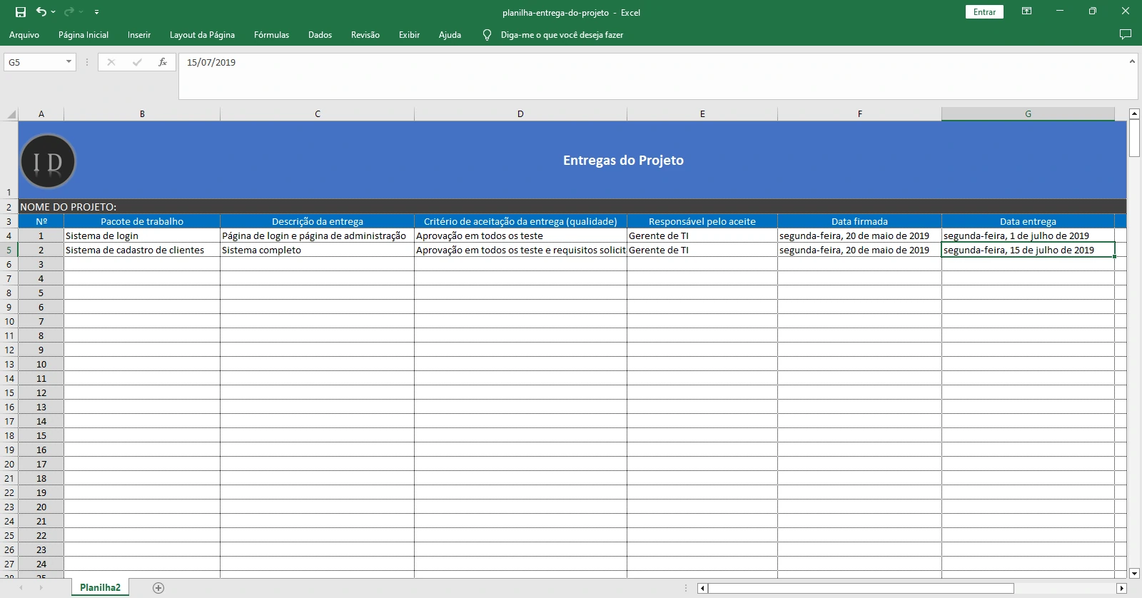 Planilha Controle de Entrega do Projeto  Excel