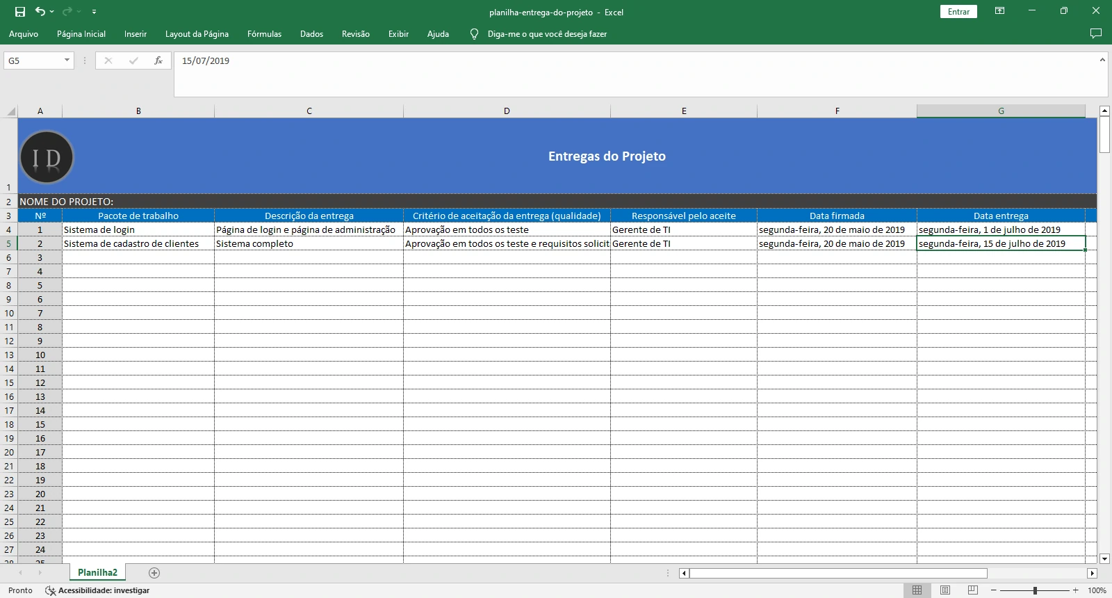 Planilha Controle de Entrega do Projeto  Excel