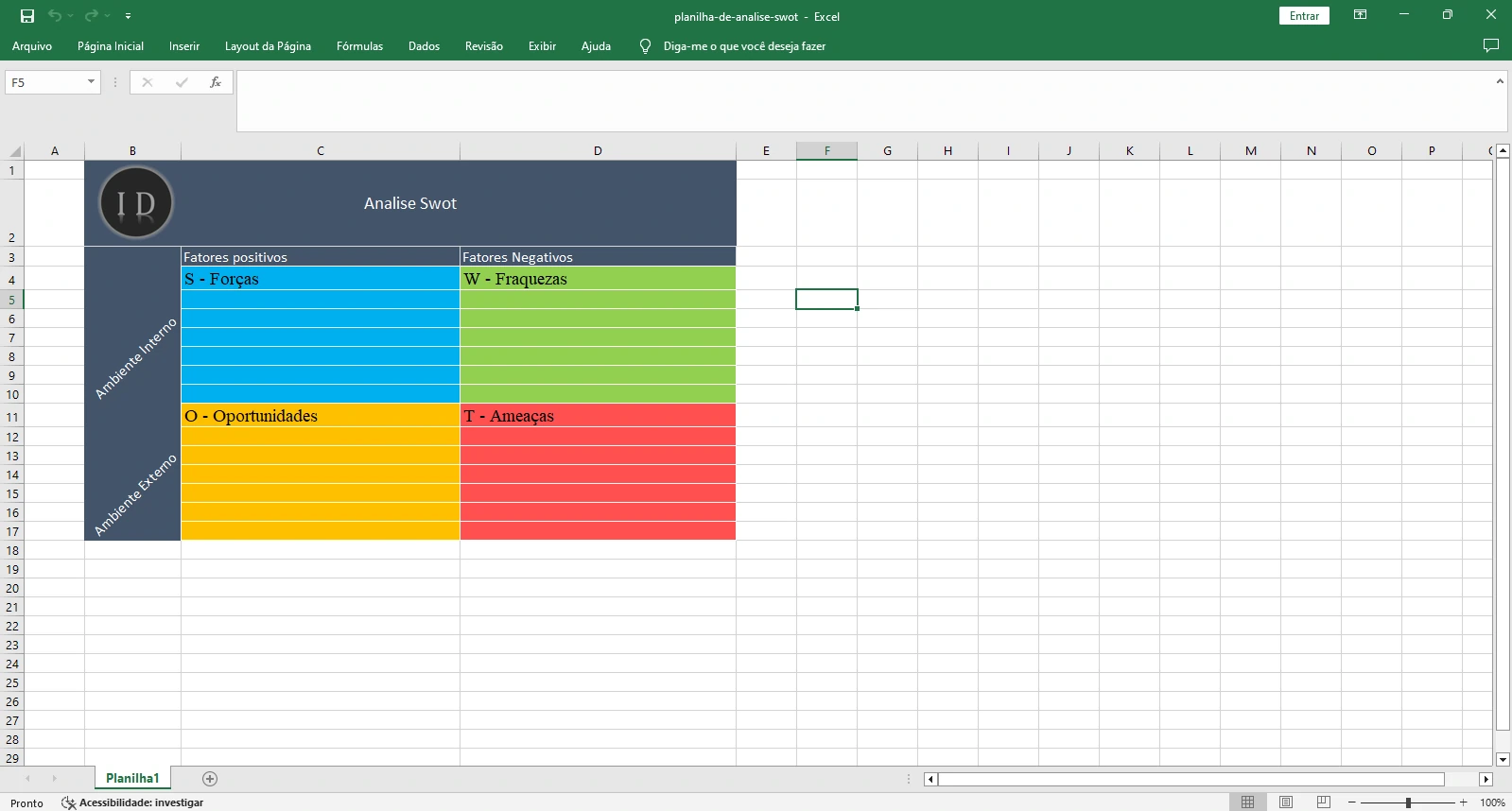 Planilha Matriz SWOT (FOFA) em Excel Simples