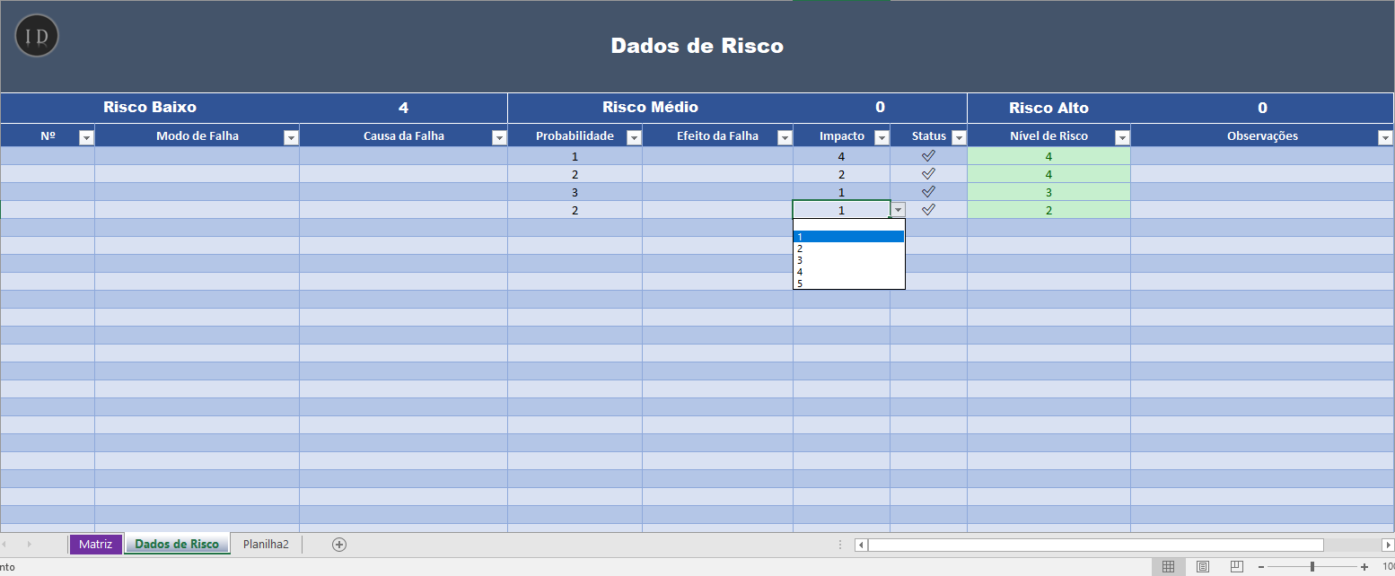 Planilha matriz de risco em excel probabilidade 3