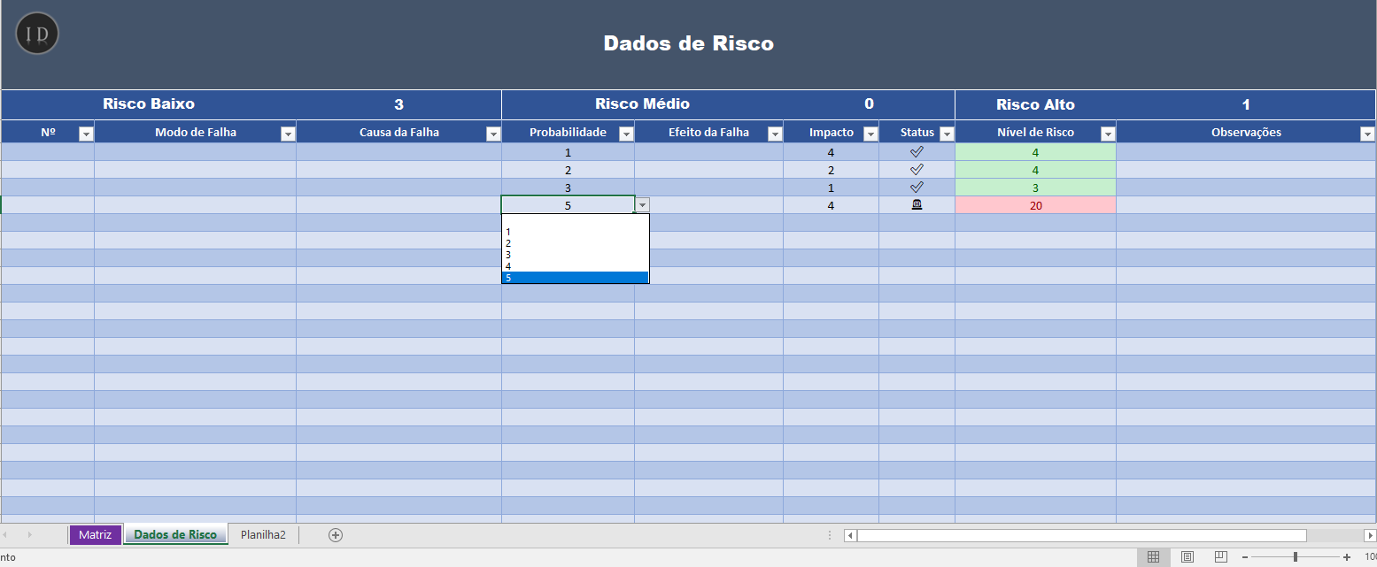 Planilha matriz de risco em excel probabilidade 4