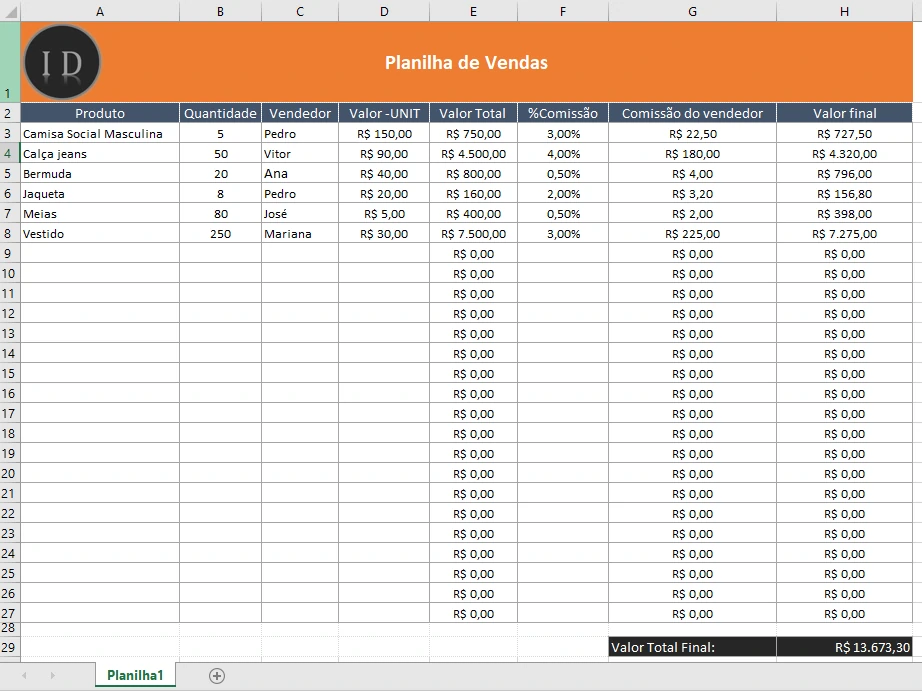 Planilha controle de vendas simples calculo facil 2