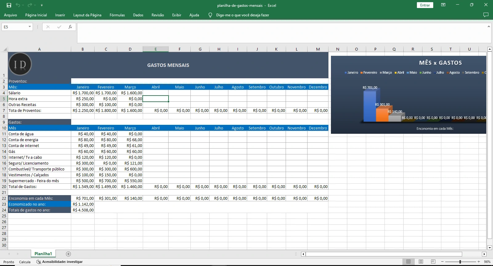 Planilha de Gastos Mensais e Controle Financeiro