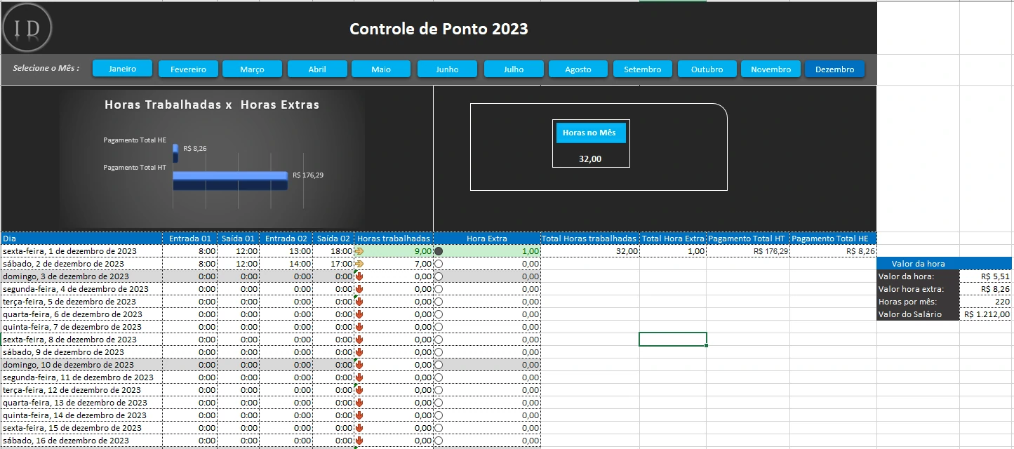 Planilha de Horas Trabalhadas e Cálculo de Extras