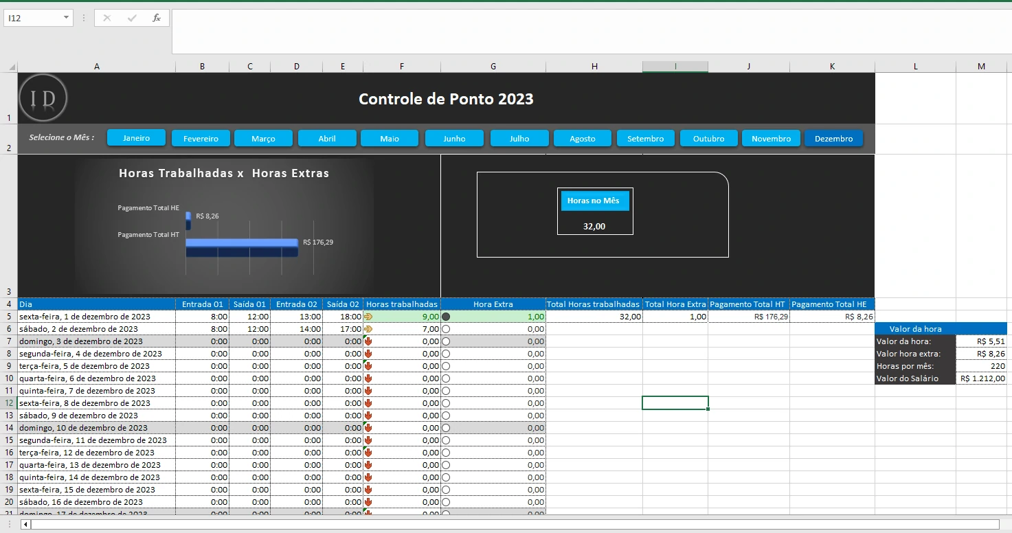 Planilha de Horas Trabalhadas e Cálculo de Extras