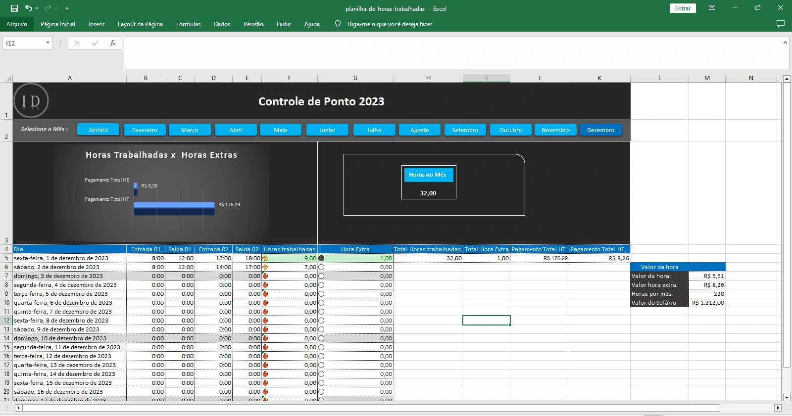 Planilha de Horas Trabalhadas e Cálculo de Extras
