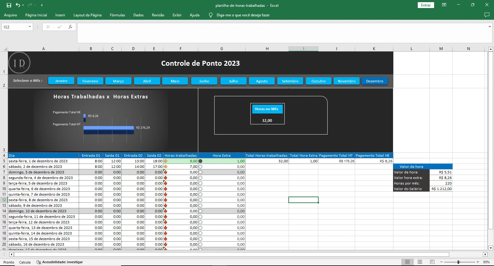 Planilha de Horas Trabalhadas e Cálculo de Extras