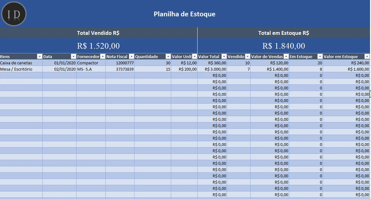Planilha de Estoque XLSX  Gestão e Faturamento