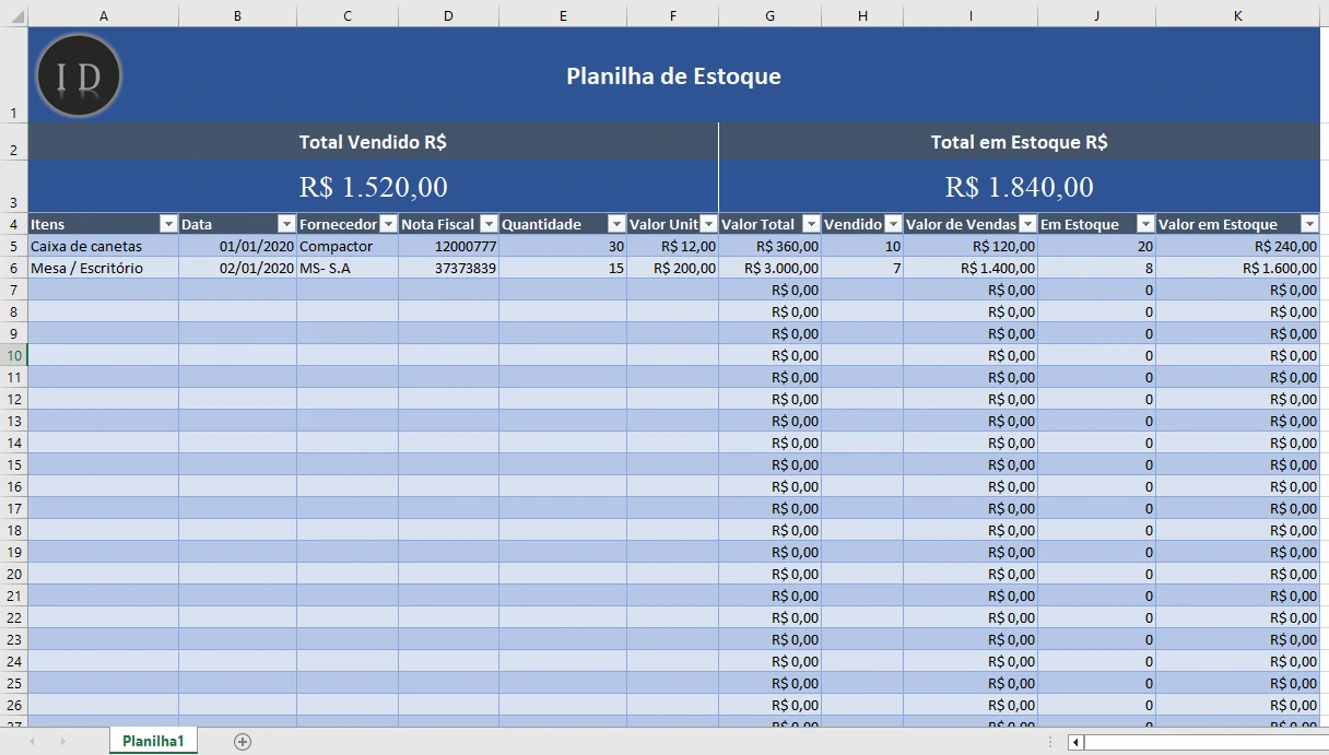 Planilha de Estoque XLSX  Gestão e Faturamento