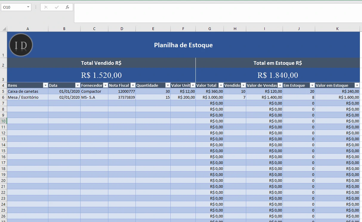 Planilha de Estoque XLSX  Gestão e Faturamento