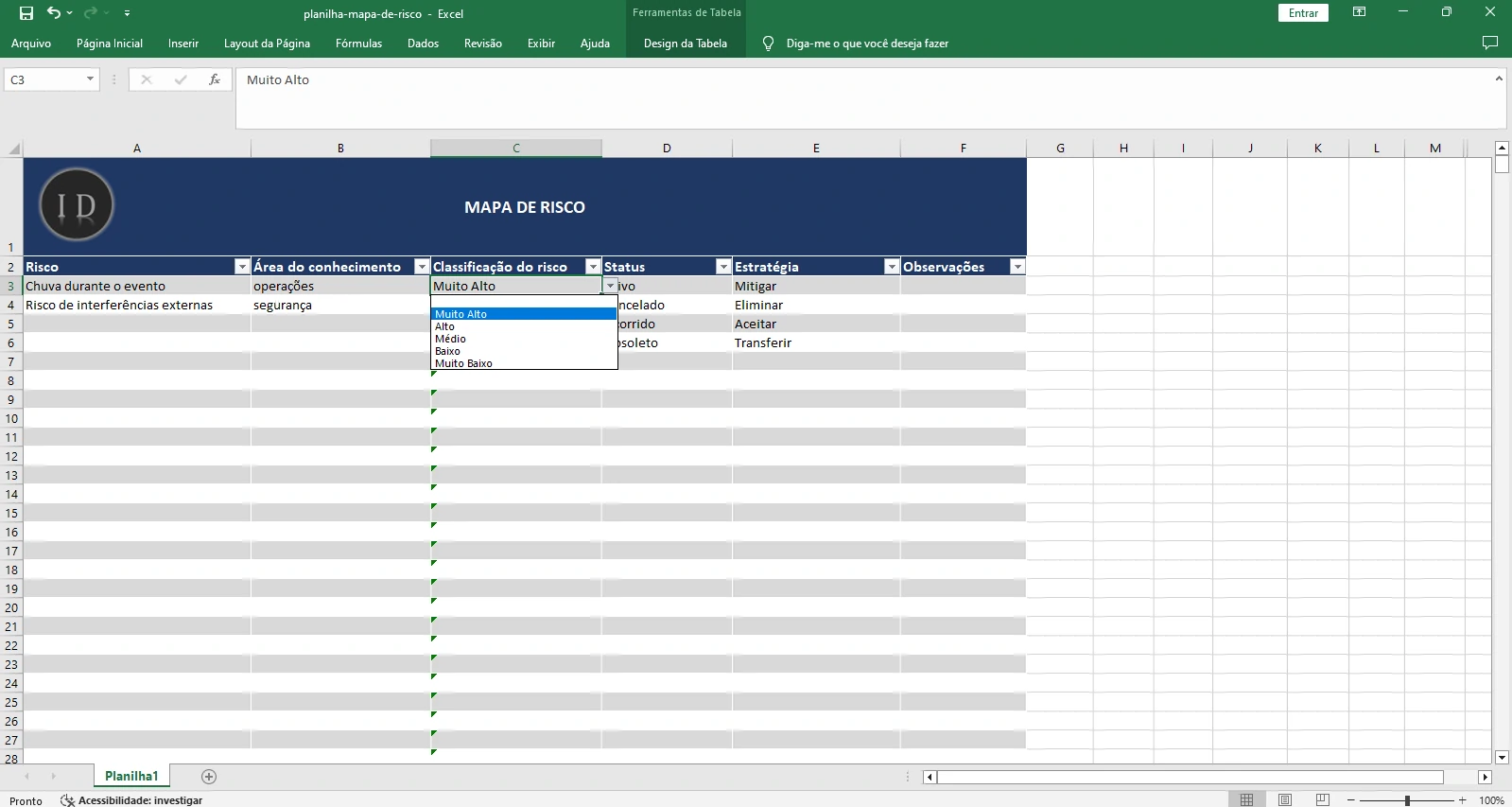 Planilha Mapa de Risco do Projeto  Mitigação