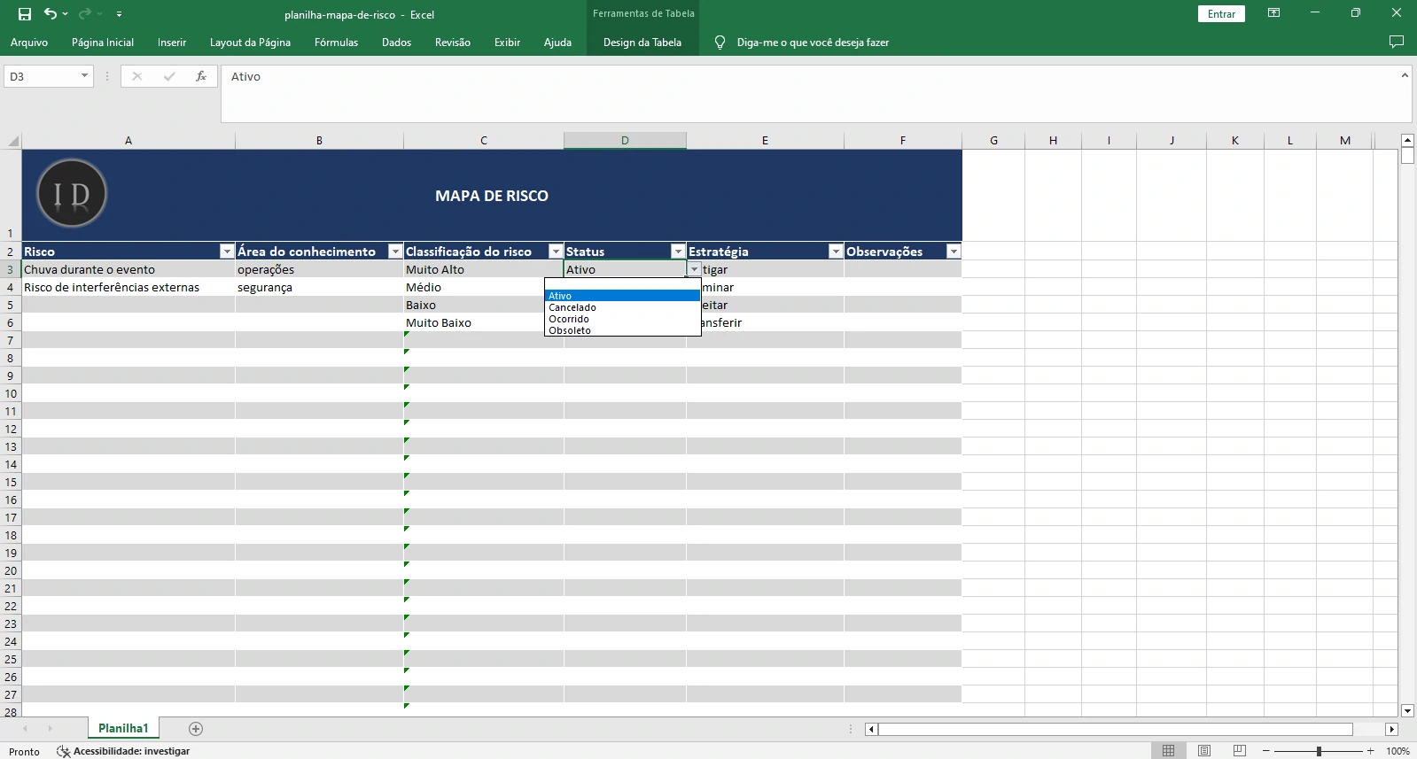 Planilha Mapa de Risco do Projeto  Mitigação