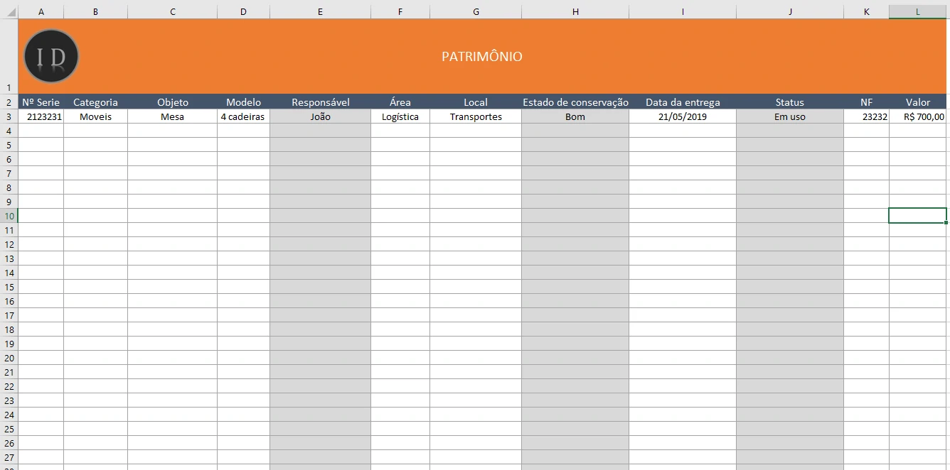 Planilha de Patrimônio e Controle de Bens da Empresa