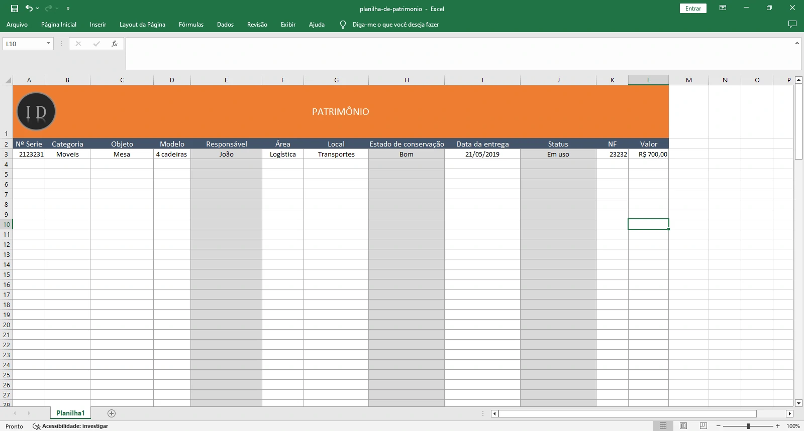 Planilha de Patrimônio e Controle de Bens da Empresa