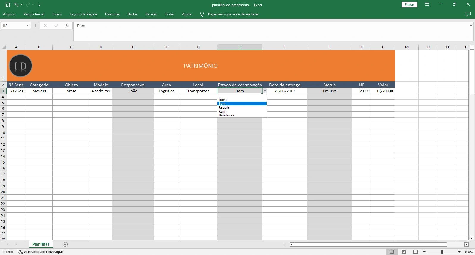 Planilha de Patrimônio e Controle de Bens da Empresa