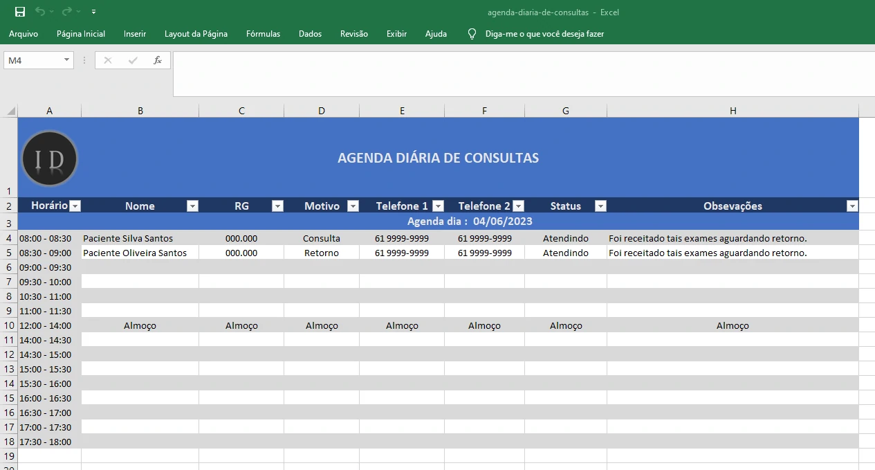 Planilha Agenda Diária de Consultas Médicas  Excel